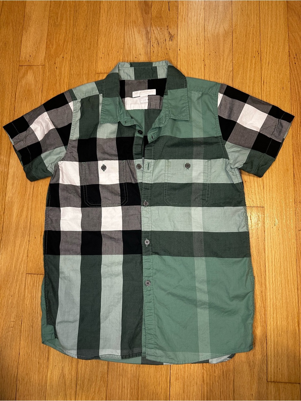 Burberry Green and Black Plaid Short-Sleeve Button-Down Shirt